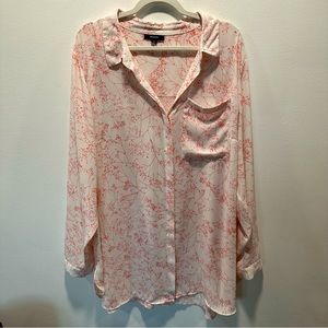 Alfani Sheer Coral Floral Print Long Sleeve Button Down Blouse Women’s size 3X